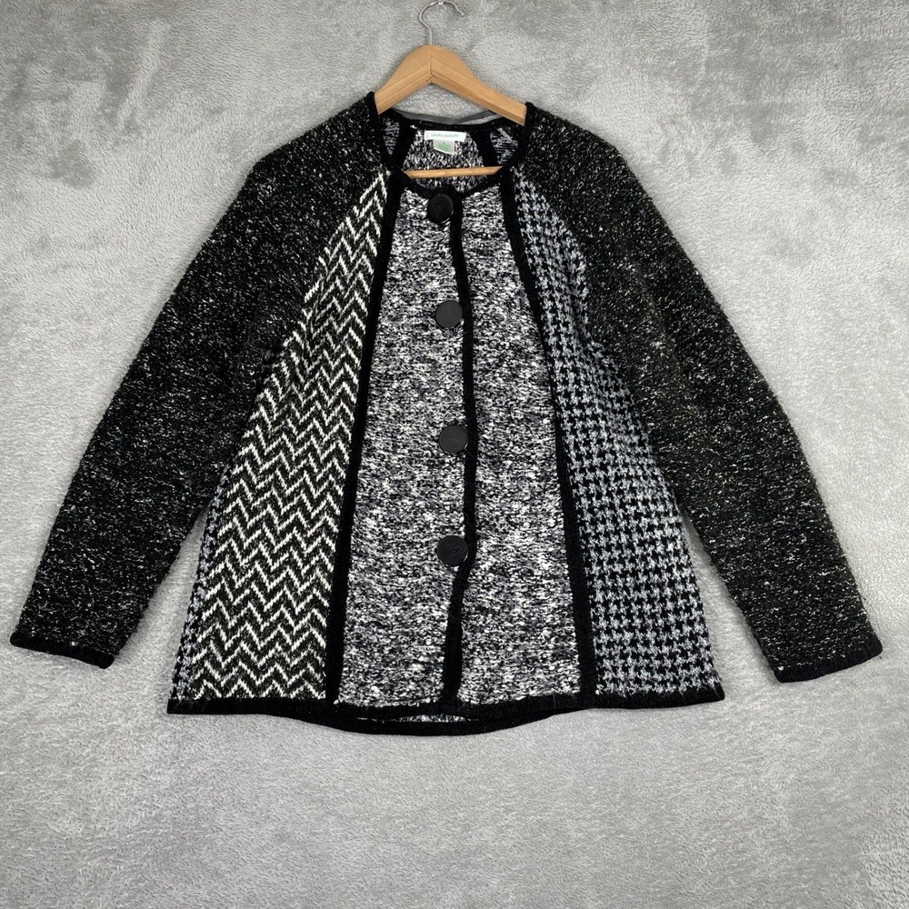 Laura Ashley Cardigan Sweater Womens Medium Black Patchwork Knit Dark Academia